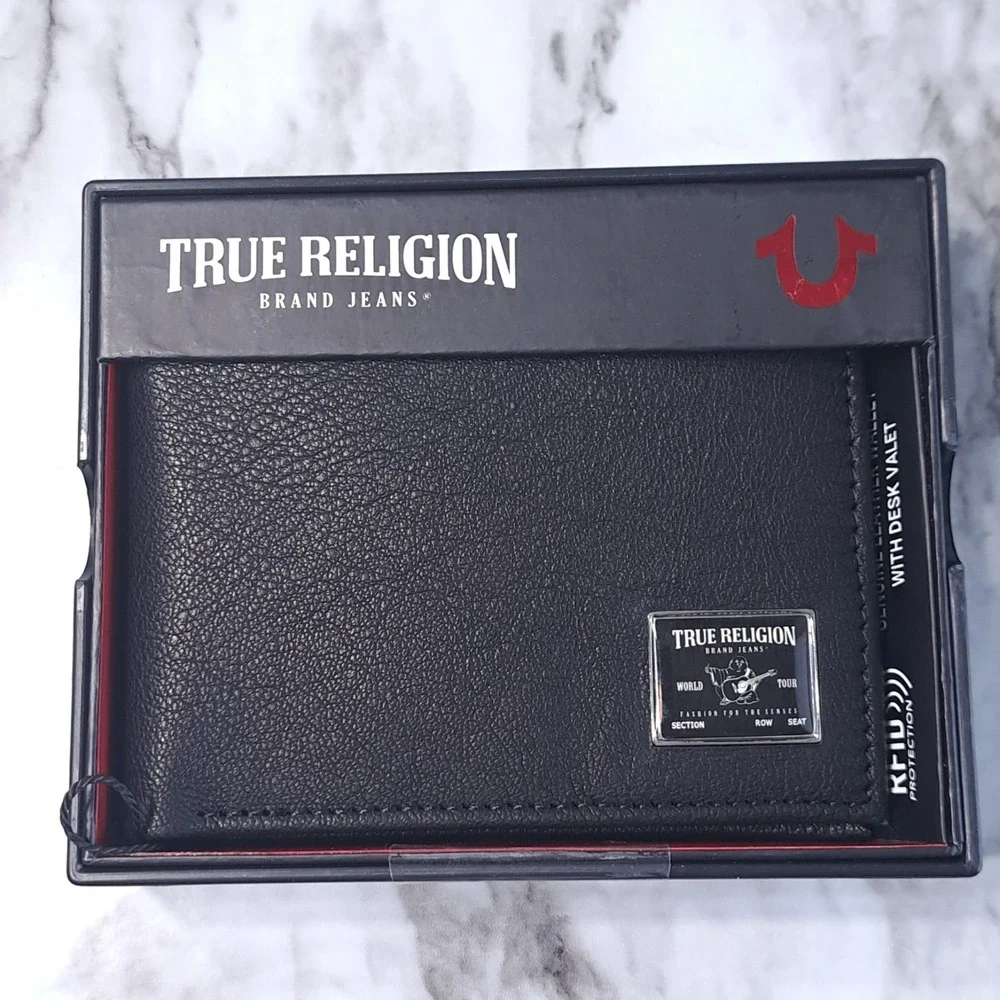 True Religion Men's Leather Bifold Wallet Black‎ With Desk Valet RFID Protection